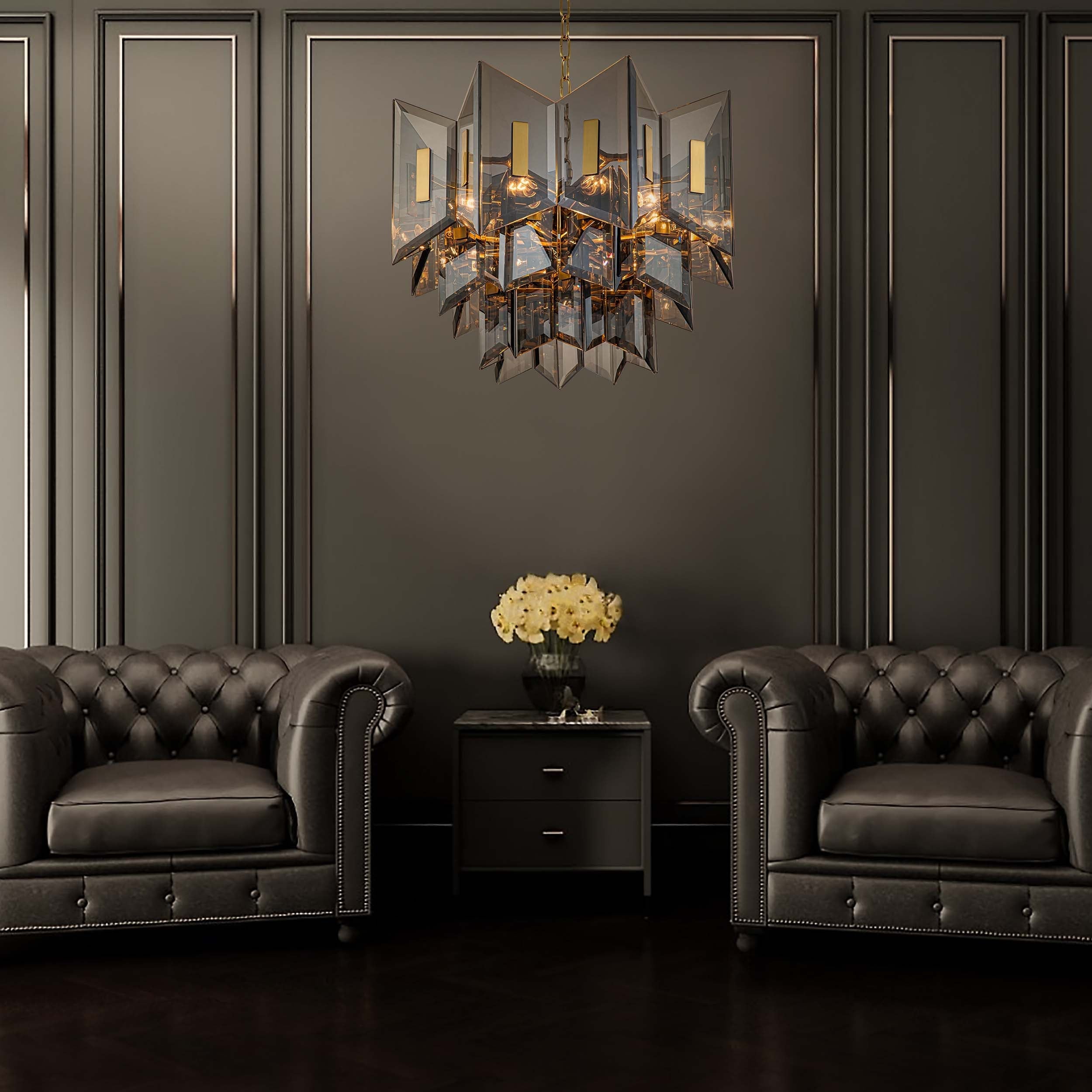 Magic city cross smoky glass panels chandelier【Modern Industrial Masterpiece】Magic City Cross Smoky Glass Chandelier - BRCH9188Gray | Black Gray Minimalist Ceiling Fixture, Architectural Lighting with Bold Contrast - BRILLIANT MAKER